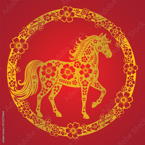 A golden floral horse prances within a floral wreath against a vibrant red backdrop, Chinese New Year Festival Traditional design.