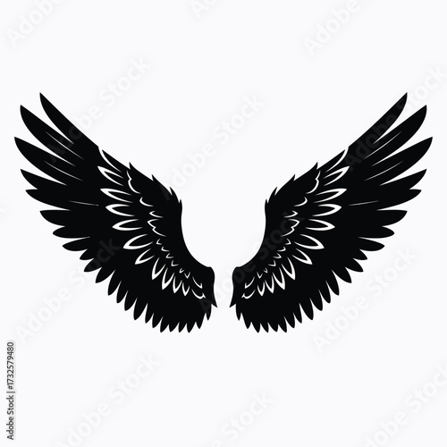 Dramatic spread of black feathered wings stark contrast bold design silhouette