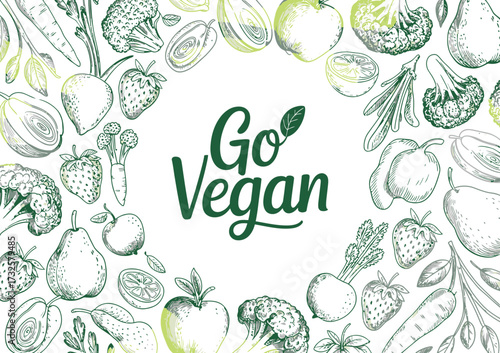 A vibrant and artistic representation of a vegan lifestyle, featuring an array of fresh and colorful vegetables promoting healthy eating habits in a visually appealing manner.