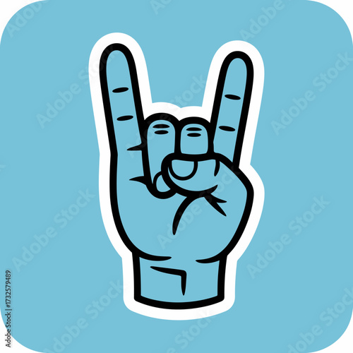 A cool rock on hand sign illustration featuring blue hues and smooth design, showcasing enthusiasm and a sense of belonging within music communities and events.