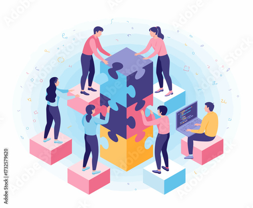 This engaging image captures individuals collaborating to assemble a tall puzzle tower, symbolizing unity, creativity, and teamwork in an artistic and modern environment.