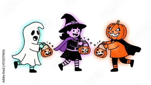 Spirited Halloween Trio: A whimsical illustration showcases a playful ghost, a witch, and a Jack-o'-lantern, all joyfully trick-or-treating with vibrant costumes and gleaming treat baskets.