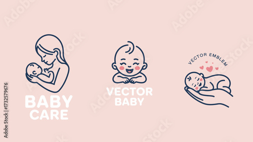 These cute baby care illustrations depict warmth and affection, showcasing the bond between caregiver and child, design elements ideal for parenting and childcare themes.