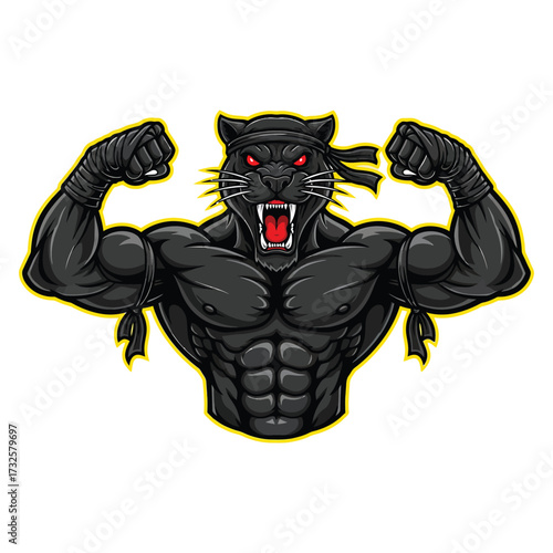 Muscular black panther mascot flexing biceps with fierce expression