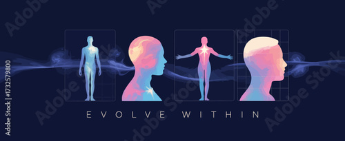 This expressive artwork illustrates the theme of human evolution and transformation, presenting dynamic figures that embody growth, enlightenment, and self-discovery.