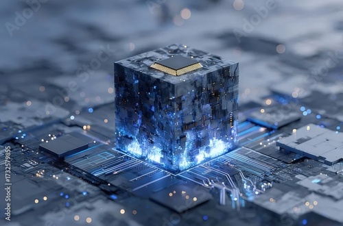 中央に光る立方体がある青い回路基板