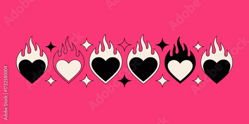 This charming image presents an array of flaming hearts with contrasting colors in a visually appealing layout, ideal for expressing emotions like love and passion effectively.