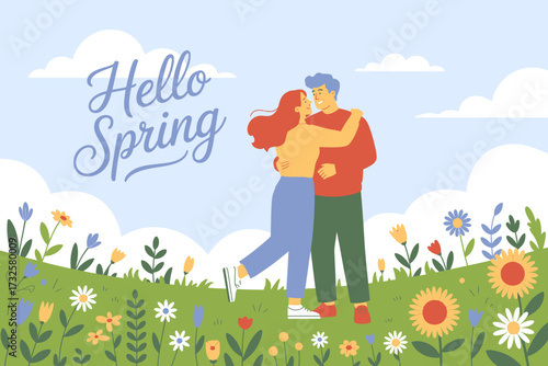 A joyful couple stands together in a vibrant spring landscape filled with flowers, reflecting love, warmth, and the beauty of the season, creating an idyllic atmosphere.