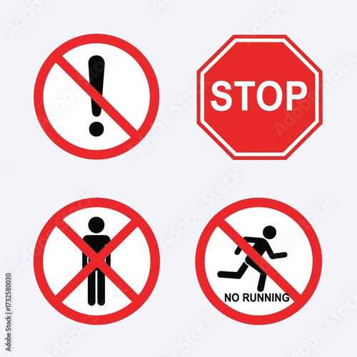 Warning and prohibition signs stop caution and running restrictions displayed