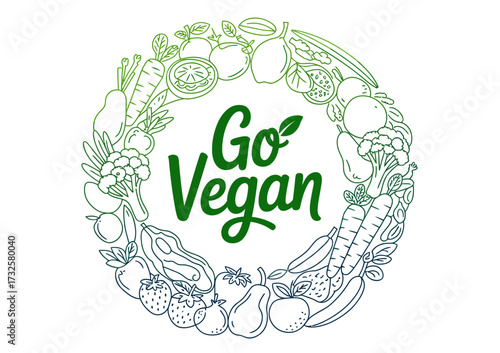This artwork showcases the concept of a vegan diet featuring a variety of fresh produce in a stylized design, promoting healthful living and sustainable choices.