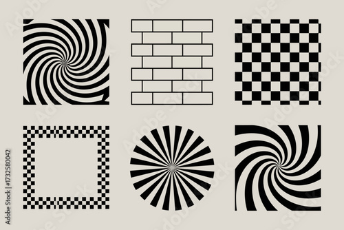 An interesting layout of black and white geometric patterns including spirals and checks that create illusions and provoke thought while maintaining a contemporary artistic vibe.