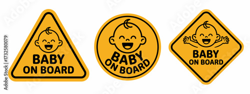 This set of vibrant 'Baby on Board' signs feature cheerful illustrations of babies, emphasizing safety and bright visuals, making them perfect for new parents or expectant mothers.