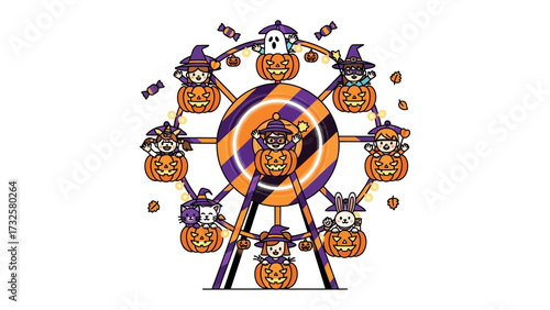 Spooky Carnival Ride: A whimsical Halloween illustration depicting a Ferris wheel with festive pumpkin-shaped carriages and smiling occupants.