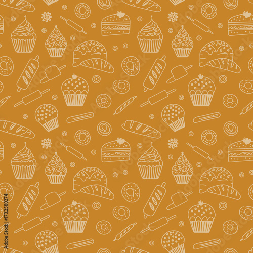 This image features a vibrant and playful pattern filled with various desserts like cupcakes, cakes, and pastries, perfect for food enthusiasts and designers.