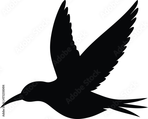 a black bird with a long beak flying in the air