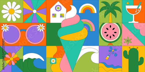 This vibrant tropical summer vibe illustration features fun beach icons and bright colors, perfect for evoking a carefree and joyful mood in creative projects.