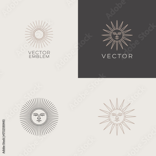 A stunning vector sun emblem design featuring intricate rays and a facial silhouette, perfect for branding, graphic design, and logo creation in modern aesthetics.