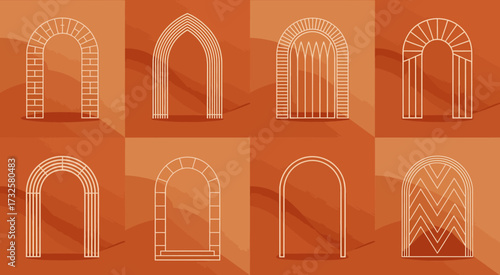 This image features a sophisticated layout of various arched window designs that blend artistic flair with architectural precision, suitable for showcasing modern design concepts.