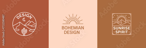 A captivating logo featuring a sunset landscape with mountains and a cactus, perfect for the brand 'Sunrise Spirit', highlighting nature's beauty and originality.