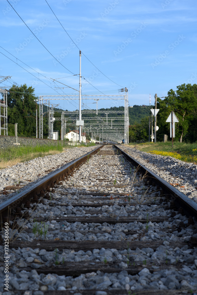 Fototapeta premium A long stretch of railroad tracks disappears into the distance under a bright blue sky, surrounded by gravel, grass, and green trees.
