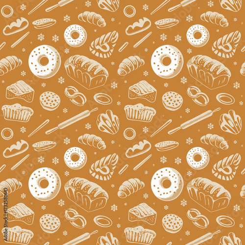 This captivating image showcases an intricate pattern of various bakery items such as bread, cookies, and pastries, ideal for food-related projects and designs.