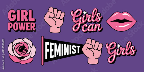 A lively graphic assortment that celebrates feminism through striking illustrations of empowering symbols, phrases, and colors, promoting equality and girl empowerment.