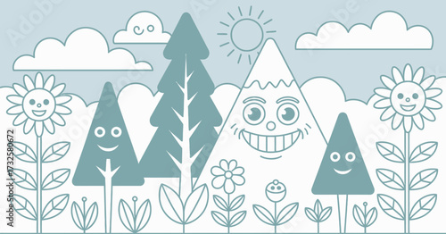 A delightful nature landscape filled with charming smiling characters, trees, mountains, and flowers, encapsulating joy and playfulness in a vibrant setting.