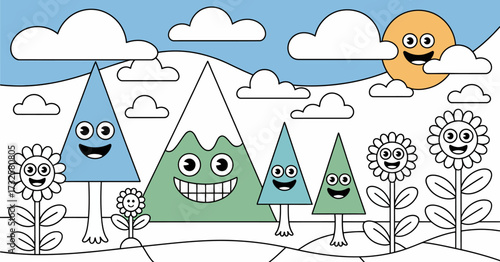 A vibrant landscape showing quirky cartoonish elements, with smiling mountains, trees, and flowers that evoke a sense of joy and imagination.