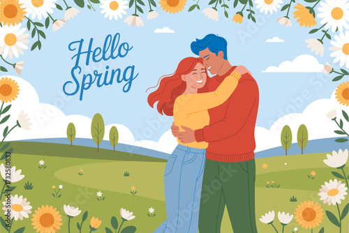 This heartwarming illustration of a couple in a floral frame captures the essence of love and happiness during spring, with a lush green background and vibrant flowers.