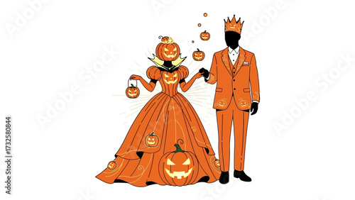 Halloween Pumpkin Couple: A whimsical illustration depicts a royal pumpkin couple, resplendent in intricate costumes, ready to reign over the spooky festivities. 