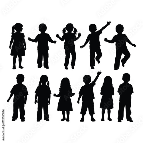 Diverse group of children silhouettes in playful poses demonstrating childhood joy and energy silhouette