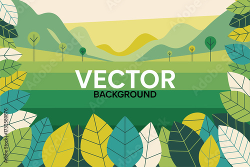 This vibrant vector background features lush green hills, stylized trees, and a blend of earthy tones, perfect for nature-themed projects or designs celebrating the outdoors.