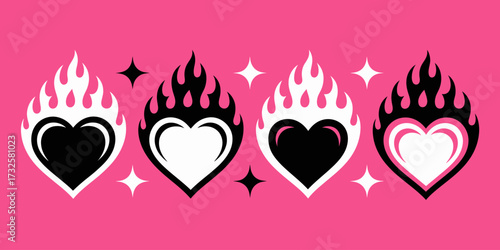 This vibrant image showcases eye-catching flaming hearts in striking colors, capturing the essence of love and passion, articulated through modern artistic styles and playful designs.