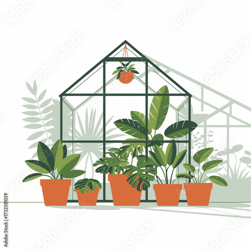 A charming greenhouse filled with tropical plants in various terracotta pots, evoking a sense of peace and natural beauty in a modern indoor setting.