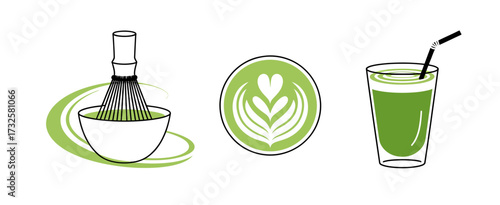 This image showcases matcha preparation tools, featuring a bowl, whisk, and a glass showcasing a green drink, symbolizing wellness, tradition, and artistry.