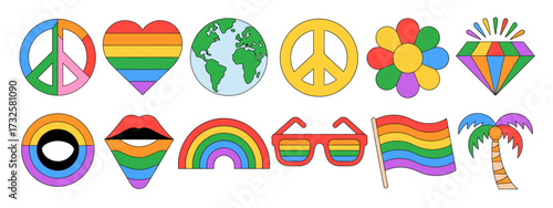 This collection of stylized rainbow icons showcases the essence of love and pride, featuring diverse symbols that resonate with human emotions and contemporary culture.