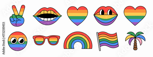 A collection of playful, rainbow-themed emojis embodies the spirit of joy and connection, featuring lips, hearts, and flags that celebrate diversity and love among individuals.
