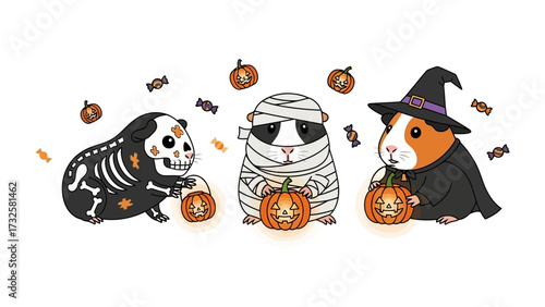 Halloween Guinea Pig Trio: Adorable guinea pigs dressed in Halloween costumes, holding Jack-o'-lanterns, offering a cute and spooky design. A whimsical composition for seasonal joy.
