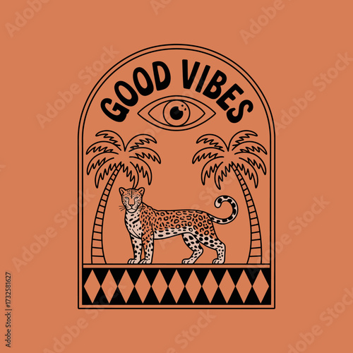 A vibrant design featuring a leopard among palm trees and the text 'Good Vibes', encapsulating a lively spirit suitable for various creative projects and artwork.