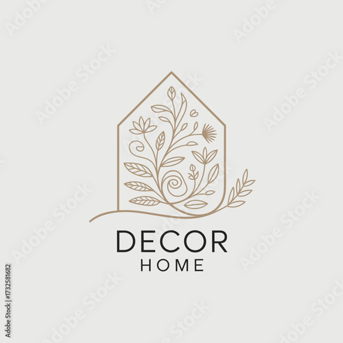 This logo design showcases an artistic representation of a house with intricate floral elements, embodying a harmonious blend of home comfort, creativity, and nature's essence.