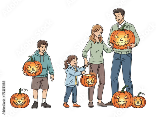 Family Gathering: Embrace the spirit of Halloween with a cheerful family, as they prepare for a night of frights. Pumpkins glowing with mischievous glee!