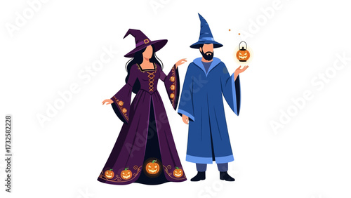 Witch and Wizard Ready for Halloween: A captivating illustration showcasing a witch and a wizard in their enchanting attires, evoking the festive spirit of Halloween.