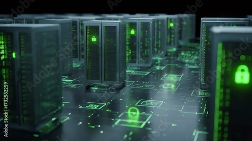 暗いデータセンターに緑色に点灯するサーバー