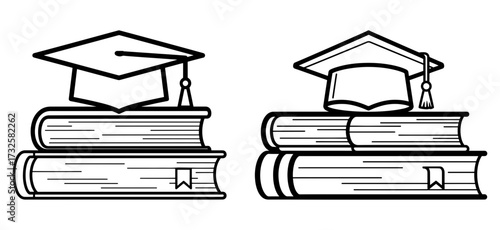 Vector art of two stacks of books with graduation caps, symbolizing education and achievement