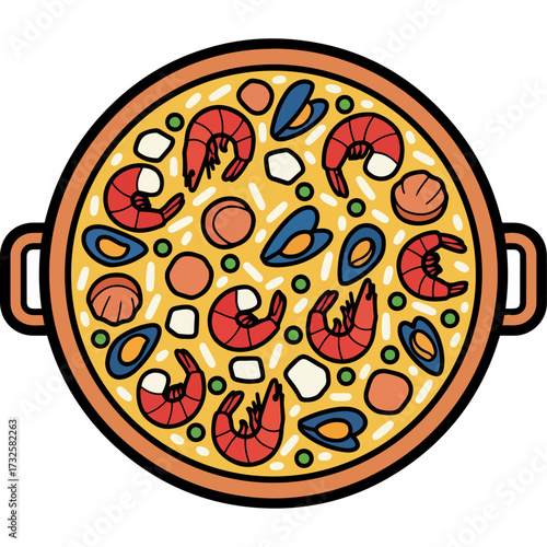 A colorful illustration of paella, Spain's national dish. This iconic dish is perfect for promoting travel blogs, Spanish restaurant menus, cooking schools, and international food festivals.