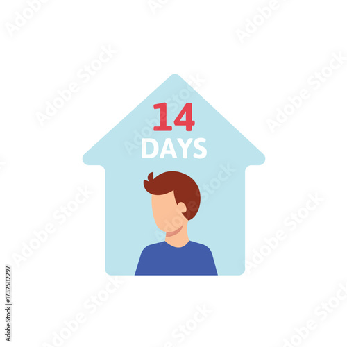 Illustration of a person inside a house shape with 14 days text, symbolizing quarantine or isolation period, isolated on transparent background