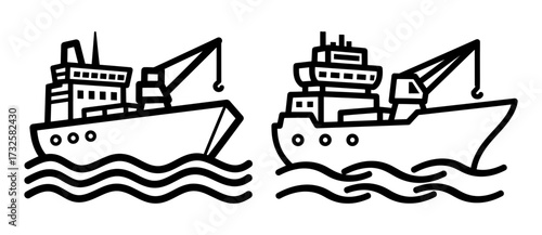 Vector art of fishing vessel with crane, representing maritime industry and sea transportation