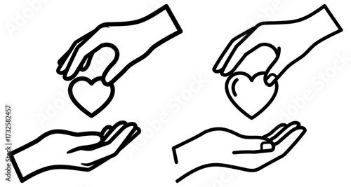 Vector art of two hands giving and receiving a heart, symbol of love, charity and donation