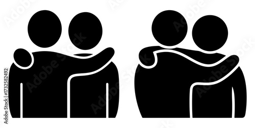 Vector art of friendship and support icon set, depicting two people embracing, symbolizing unity, teamwork, and companionship