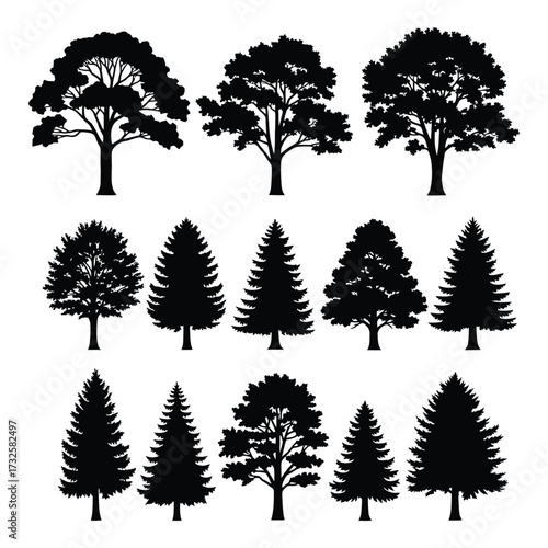 Diverse collection of silhouette trees in various species and sizes for natural design projects silhouette